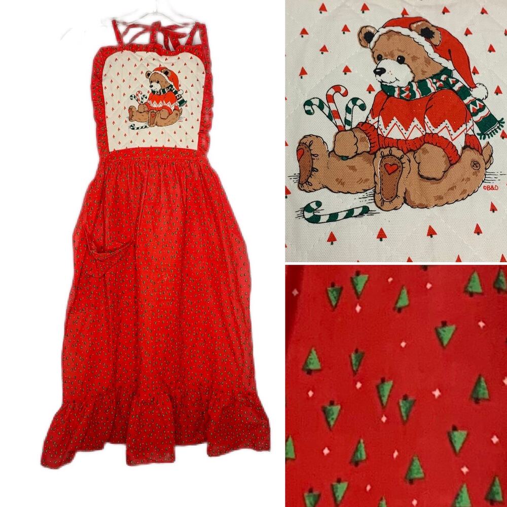 Vintage Christmas teddy bear apron B&D christmas tree print